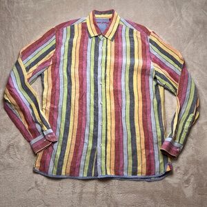 Vtg Report Collection Shirt Mens L Striped 100% Linen Long Sleeve Preppy Casual